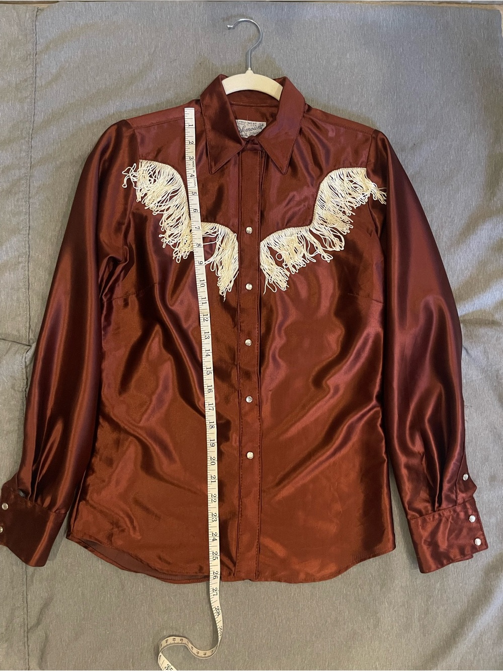 Vintage Rockmount Ranch Wear pearl snap Fringe Western Shirt Size 32 Burgundy